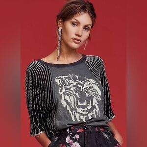 Free People Gray Tiger Beaded Graphic Tee